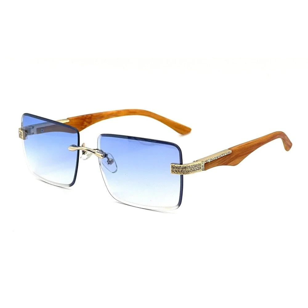 Sunglasses Men Shades Rectangular Gold Frame Hip Hop Style Retro Blue Lens Gafas